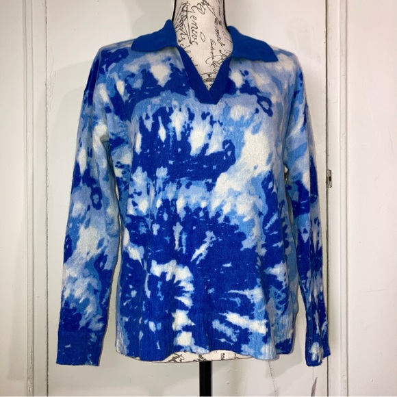 Luxury Cashmere Charter Club Tie Dye Johnny Collar Polo Sweater Blue & White - Picture 1 of 17